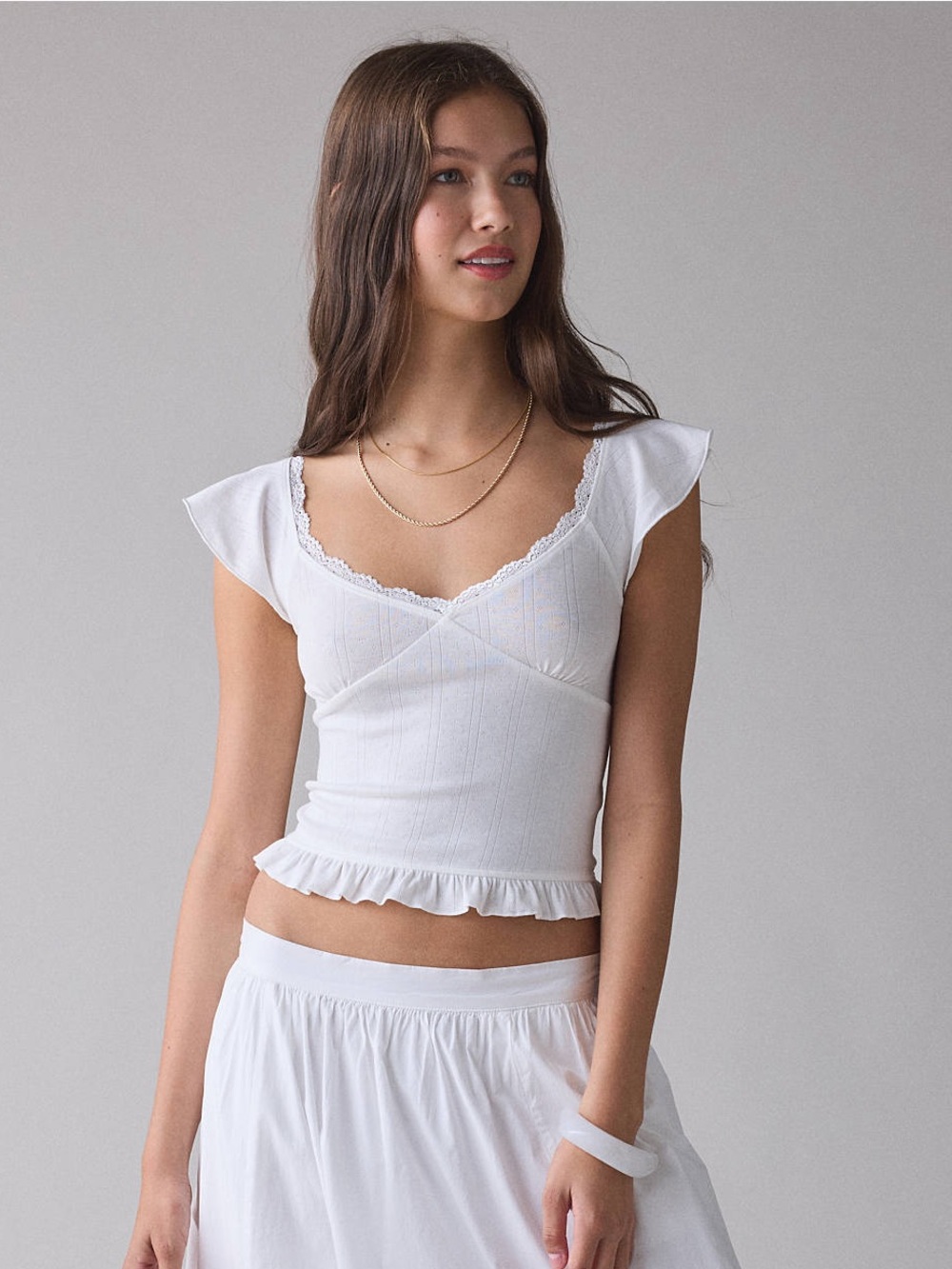 UO Kimchi Blue Posie Pointelle Knit Lace-Trim Ruffle Top in Ivory - Picture 1 of 9